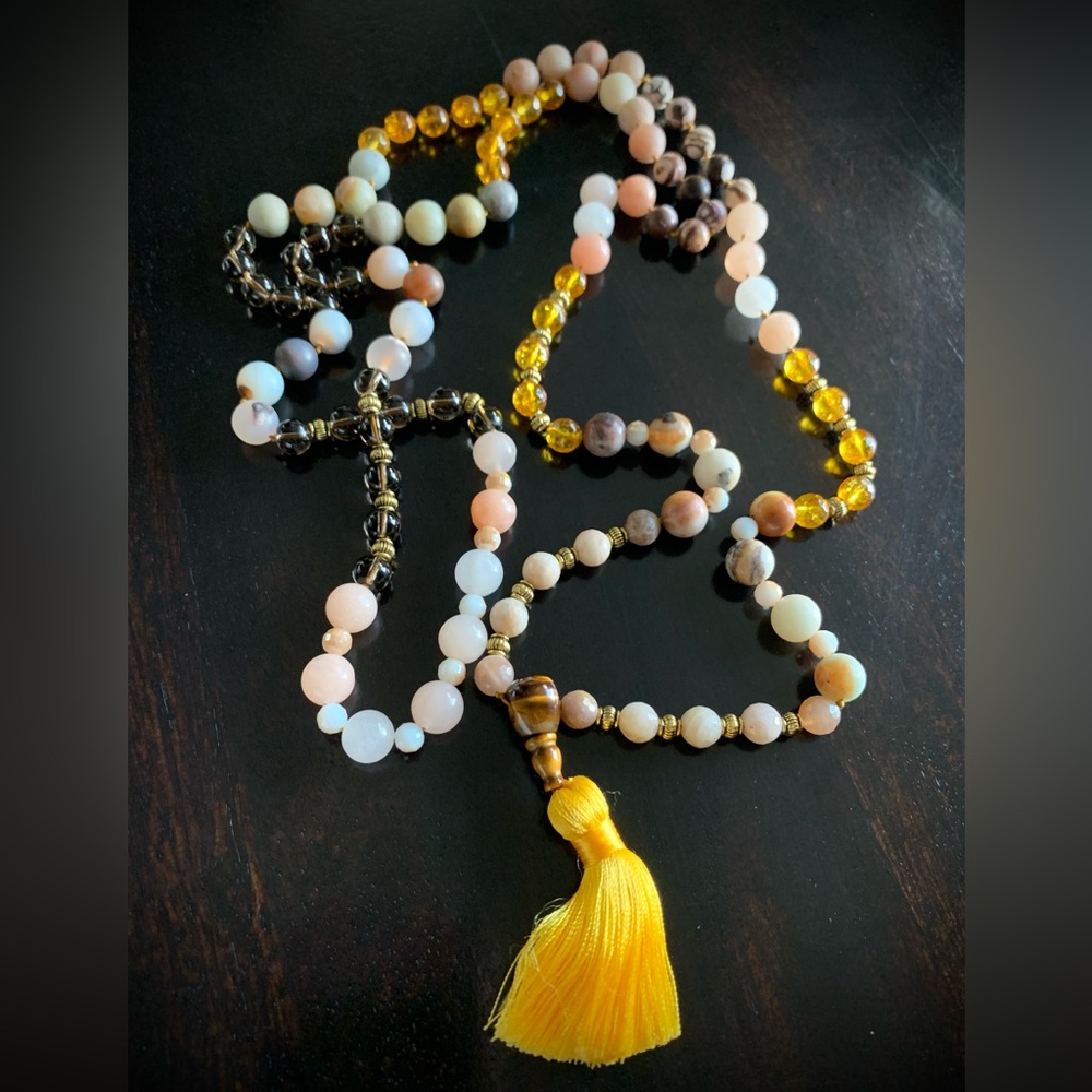 Mala Prayer Bead Necklace 28" with gold silk tassel and tiger eye guru bead